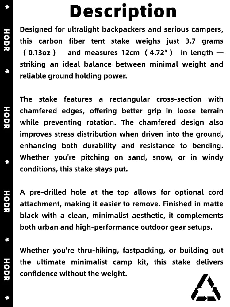 [HODR] Carbon Peg Tent Stakes Pegs Carbon Fiber 12cm 3.7g Ultralight Backpacking Tent Nails Outdoor Camping Equipment Hiking